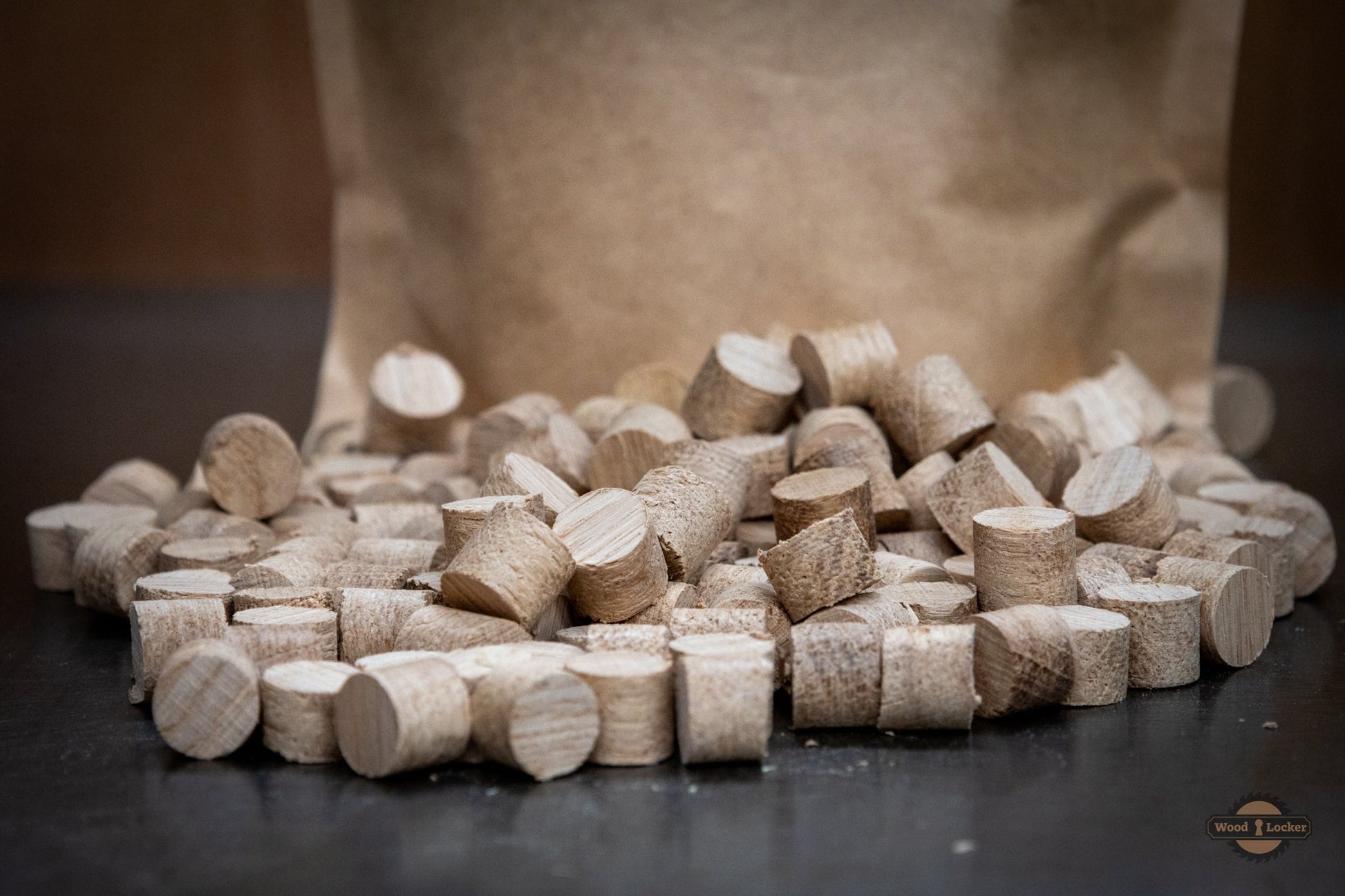 Pile of oak plugs next to packaging